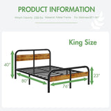 ZIYOO Industrial Style Metal King Bed Frame with Solid Wood Headboard and Footboard, 14 Inch High Heay Duty Steel Slats Support No Box Spring Needed，Easy Assembly Structure ZIYOO