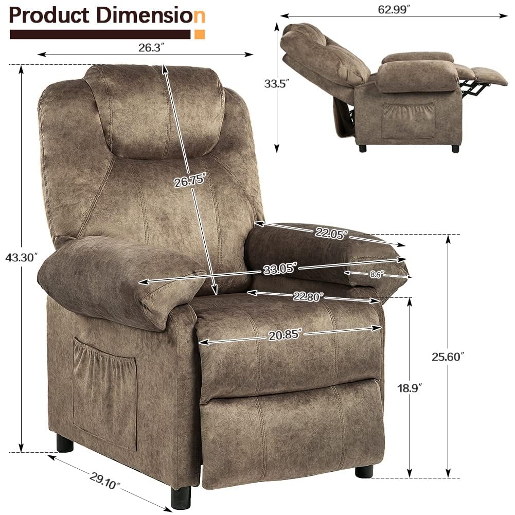 KCREAM Massage Recliner Chair with Heat,Overstuffed Fabric Recliner Chairs with Heating,Small Recliner for Living Room Bedroom, Manual Reclining Single Sofa Recliners Lounge Chair for Adult,Brown KCREAM