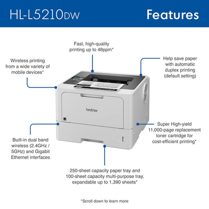 Brother HL-L5210DW Business Monochrome Laser Printer with Duplex Printing, Versatile Paper Handling, Wireless and Gigabit Ethernet Networking, and Mobile Printing