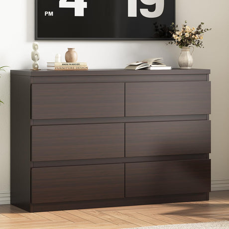 Jocoevol Modern 6 Drawer Dresser - Simply Chest of Drawers for Bedroom, Closet, Living Room, Hallway, Entryway, Wood Storage Double Dresser with Smooth Metal Rails - Retro Brown Jocoevol
