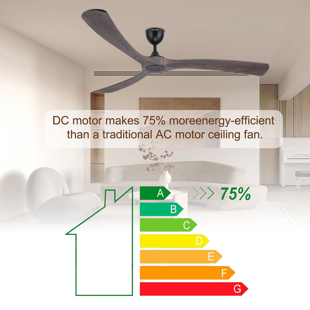 Ovlaim 72 Inch Large Wood Smart Wifi Ceiling Fan without Light, 3 Blade Indoor Outdoor High CFM Quiet DC Motor Ceiling Fan No Light Ovlaim