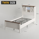 Fameill Farmhouse Twin Size Bed Frame with Storage Headboard, Sliding Barn Door Design, 2-Tier Shelves Bookcase Storage, Charging Ports & USB Outlets, LED Light, No Box Spring Needed, Easy Assembly Fameill