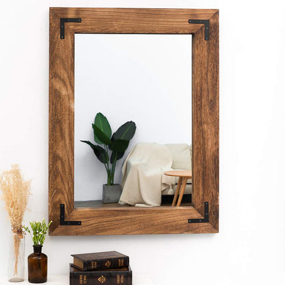 YOSHOOT Rustic Wooden Framed Wall Mirror, Natural Wood Bathroom Vanity Mirror for Farmhouse Decor, Vertical or Horizontal Hanging, 32" x 24", Brown - WoodArtSupply