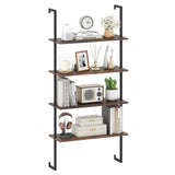 Tangkula 4-Tier Wall-Mounted Bookshelf, Industrial Floating Storage Display Shelves with Metal Frame, Wall-Mounted Ladder Wooden Bookcase for Living Room, Kitchen, Bar, Office (1, Brown) Tangkula