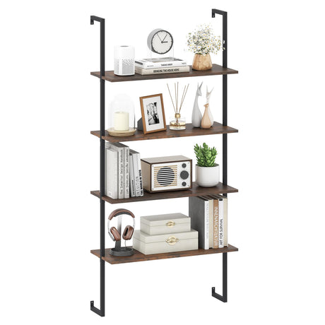 Tangkula 4-Tier Wall-Mounted Bookshelf, Industrial Floating Storage Display Shelves with Metal Frame, Wall-Mounted Ladder Wooden Bookcase for Living Room, Kitchen, Bar, Office (1, Brown) Tangkula