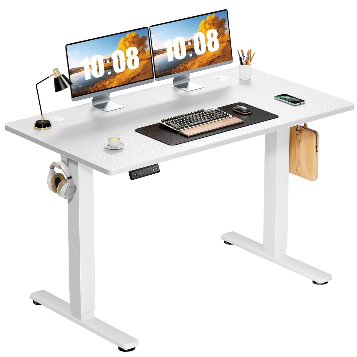 Sweetcrispy Electric Standing Desk Adjustable Height, 48x24 Inch Sit Stand Up Home Office Desks Computer Workstation PC Work Table with 3 Memory Preset Splice Wood Board Metal Frame, White Sweetcrispy