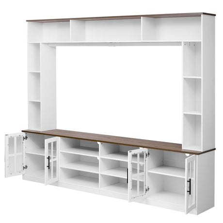 Tdewlye 95.5" W Wall Unit TV Stand Media Console with Bookshelves for TVs up to 80", Entertainment Center with Cabinets, Tempered Glass Doors and Adjustable Shelves,for Living Room (White@W) Tdewlye