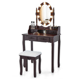 GOFLAME Vanity Table Set with Lighted Rotatable Mirror, Dressing Table with 3-Color Lights & Adjustable Brightness, Makeup Desk with Cushioned Stool for Dressing Room, Bedroom (Brown) GOFLAME