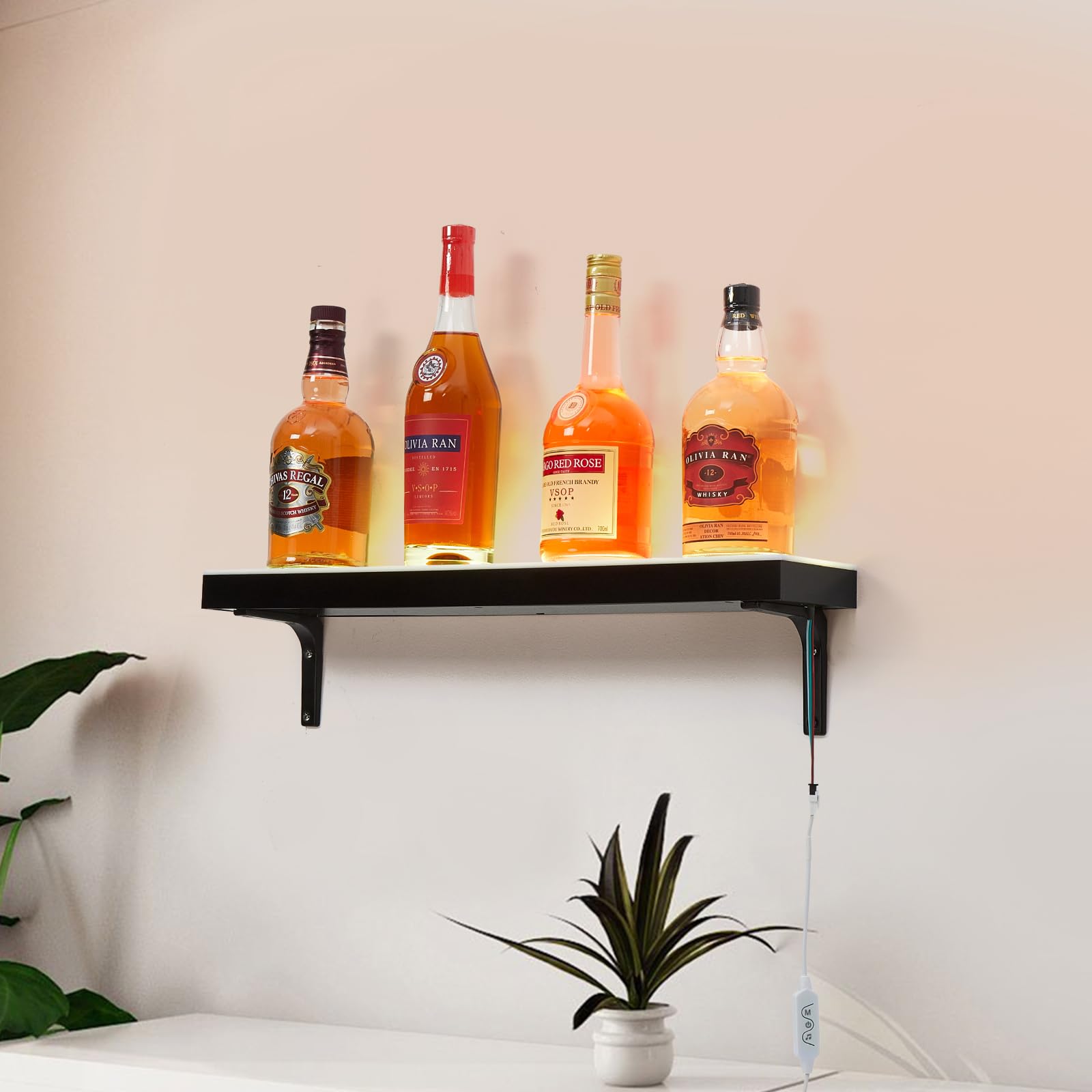 GarveeTech LED Lighted Liquor Bottle Display Shelf - 1-Step, 24-Inch, Remote & App Control, Acrylic with Wine Holder Slots, Multi Functional Wine Rack - WoodArtSupply