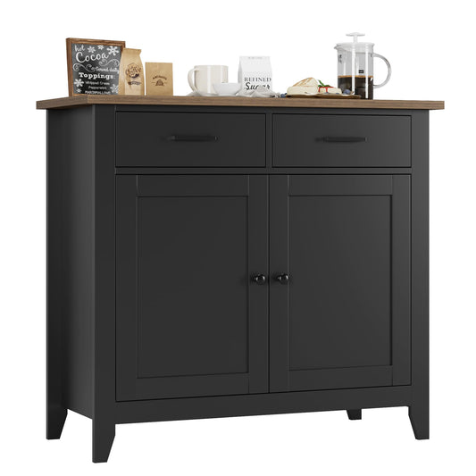 HORSTORS Kitchen Storage Cabinet, Modern Farmhouse Buffet Cabinet with Storage, Coffee Bar with 2 Drawers and 2 Doors, Floor Sideboard Buffet for Living Room, Dining Room, Bathroom, Black/Rus - WoodArtSupply