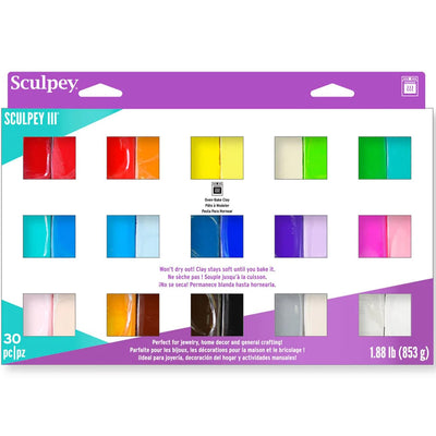 Sculpey III 30 Vibrant Colors of Polymer Oven-Bake Clay, Non Toxic 1.88 lbs., great for modeling, sculpting, holiday, DIY, mixed media and school projects. Great for all skill levels.