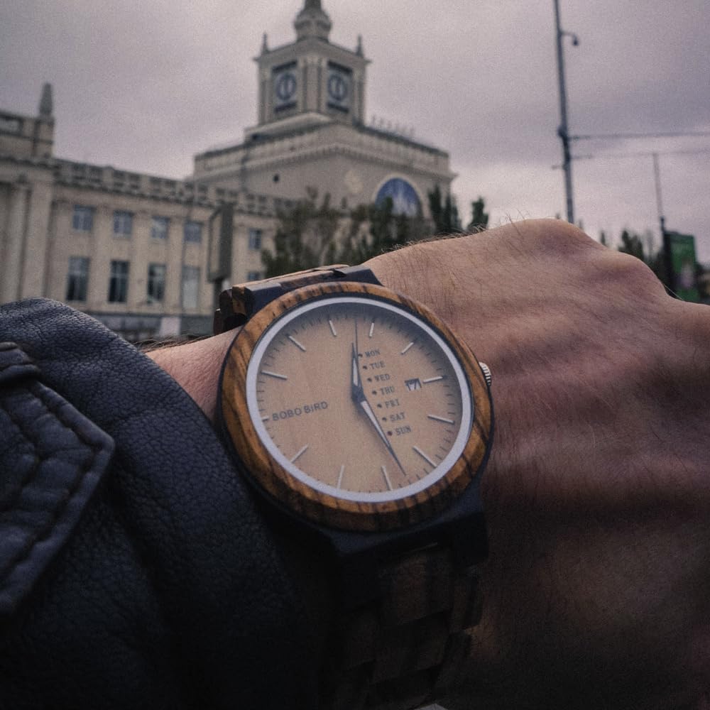 BOBO BIRD Mens Wooden Watch Analog Quartz with Week Display Lightweight Handmade Wood Wrist Watch for Men (Brown Dial) BOBO BIRD