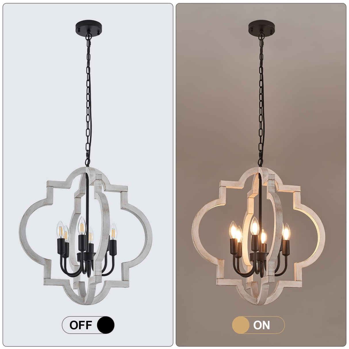 lighceac 6-Light 21" Farmhouse Orb Chandelier Rustic Handmade Distressed White Wood Hanging Ceiling Pendant Light Fixture Wood Lantern Chandeliers for Dining Room Kitchen Bedroom Foyer Hallway lighceac