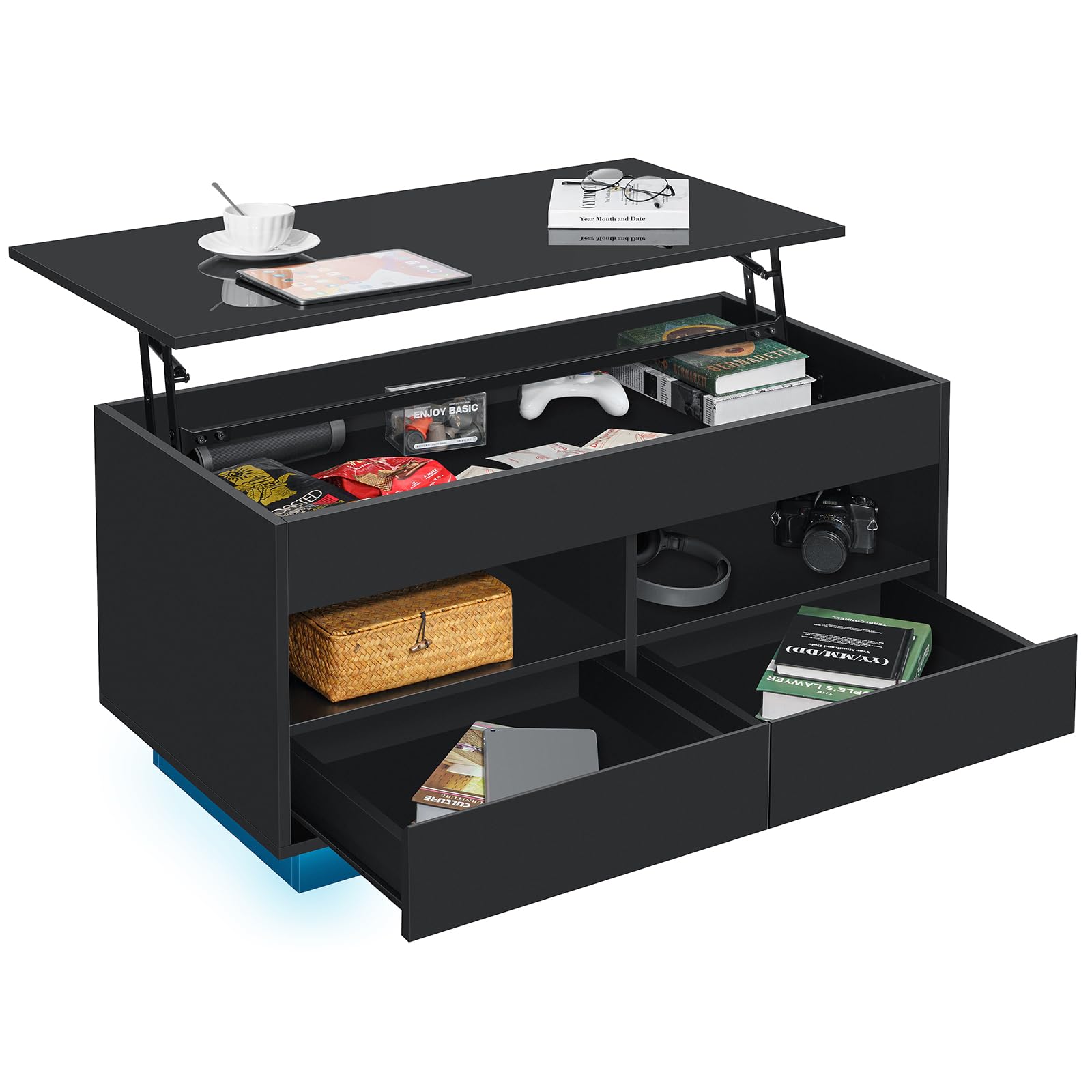 LED Coffee Table for Living Room Lift Top Coffee Tables with Storage Morden High Gloss 4 Tiers Black Tea Table Center Tables Sofa Hidden Compartment & 2 Open Shelve & 2 Drawers - WoodArtSupply