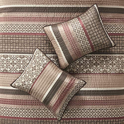 Madison Park Quilt Set Luxurious Jacquard Stripes Design - All Season, Coverlet Bedspread Lightweight Bedding Layer, Shams, Decorative Pillow, Full/Queen(90"x90"), Floral Red 5 Piece Madison Park