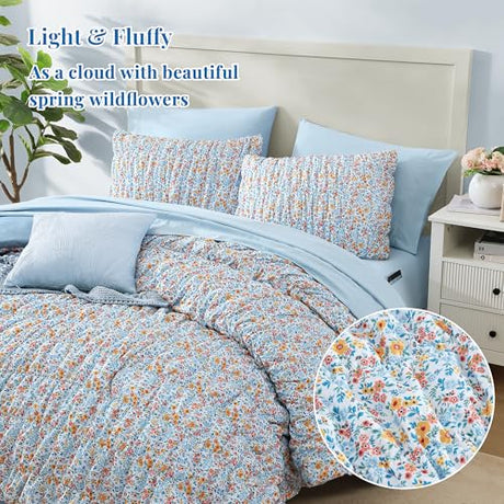 BLOOMHAVEN Queen Comforter Set - 7 Pieces Blue Classic Puff Floral Bedding Sets for All Seasons, Shabby Chic Farmhouse Bed in a Bag Queen with Wildflowers Fluffy Comforter, Sheets, Pillowcases & Shams BLOOMHAVEN