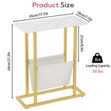 Yusong Small Narrow Side Table for Small Spaces, 17.7" W Slim End Table Magazine Table Nighstand with Storage Holder, Accent Skinny Snack Couch Bedside Table, Gold White, Complete Iron Pipes Yusong