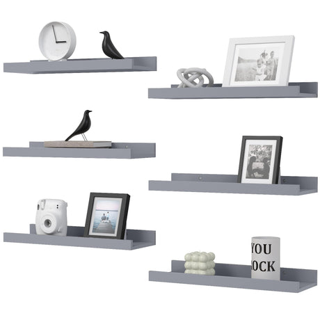 DOLLFIO Floating Shelves Set of 6, Grey Wall Shelves with Lip, Display Shelves for Wall Decor, Modern Picture Ledge for Living Room, Bedroom, Nursery, Bathroom, Pictures, Books, Plants- Grey DOLLFIO