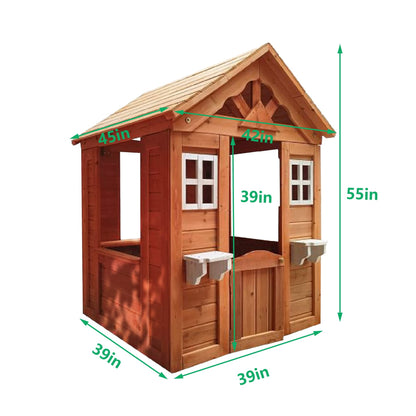 Wooden Playhouse for Age 3-6 Years Boy Girl, Outdoor Cottage Playhouse with Door, 2 Windows, 3 Serving Station, Shelf & Flowerpot Holder, Outdoor