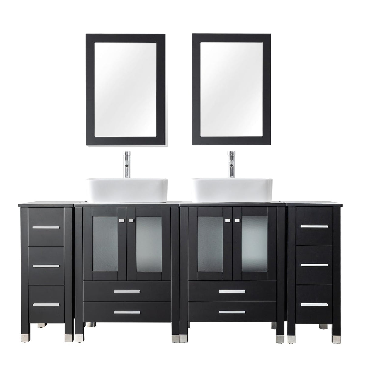 LUCKWIND 72" Double 24-in Bathroom Vanity with Sink Combo, Elegant Series with Two 12.6-in Side Cabinets, Painted Frame, Including White Rectangle Sinks, Faucets Without Mirrors, Black LUCKWIND
