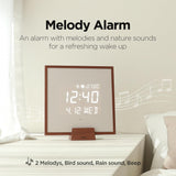 mooas Wooden Frame LED Silent Wall Clock with Remote, Backlit Nightlight, Modern Digital LED Wall Clock Display Sunrise Alarm Melody 5 Brightness for Bedroom Living Room Office Decor- Dark Wood mooas