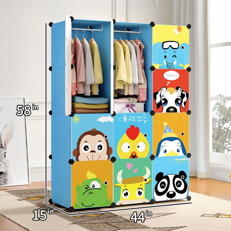 MAGINELS Kids Closet,Baby Wardrobe Closet with Door,Cute Portable Armoire Dresser,Clothes Hanging Storage Rack for Boy Bedroom,Blue,12 Cube(14x14inch) MAGINELS