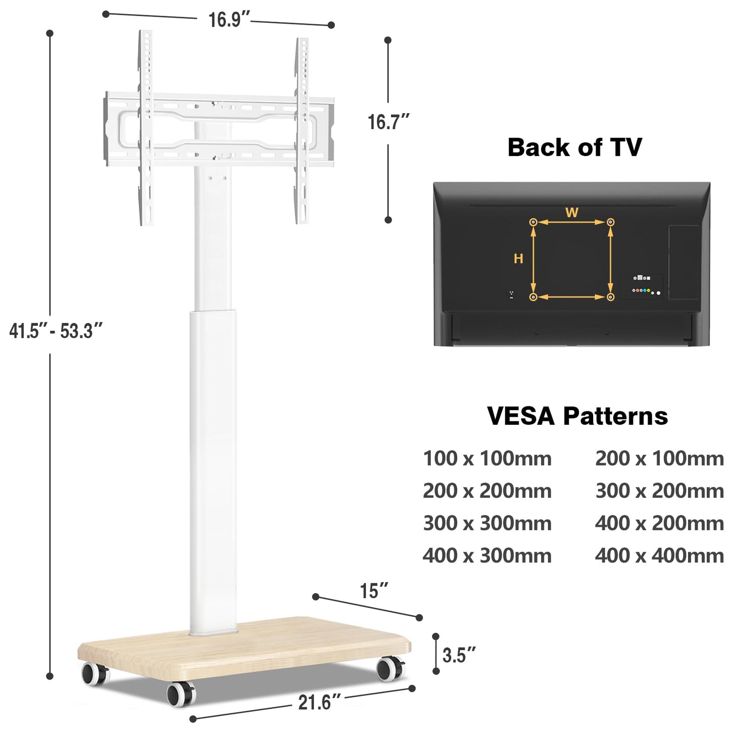 TVON Rolling TV Stand for 32 to 65 70 Inch TVs, Elegant Floor TV Stand with Wheels, Mobile TV Stand with 9 Levels of Height Adjustment for Optimal Viewing, White TV Stands for Living Room, Outdoor