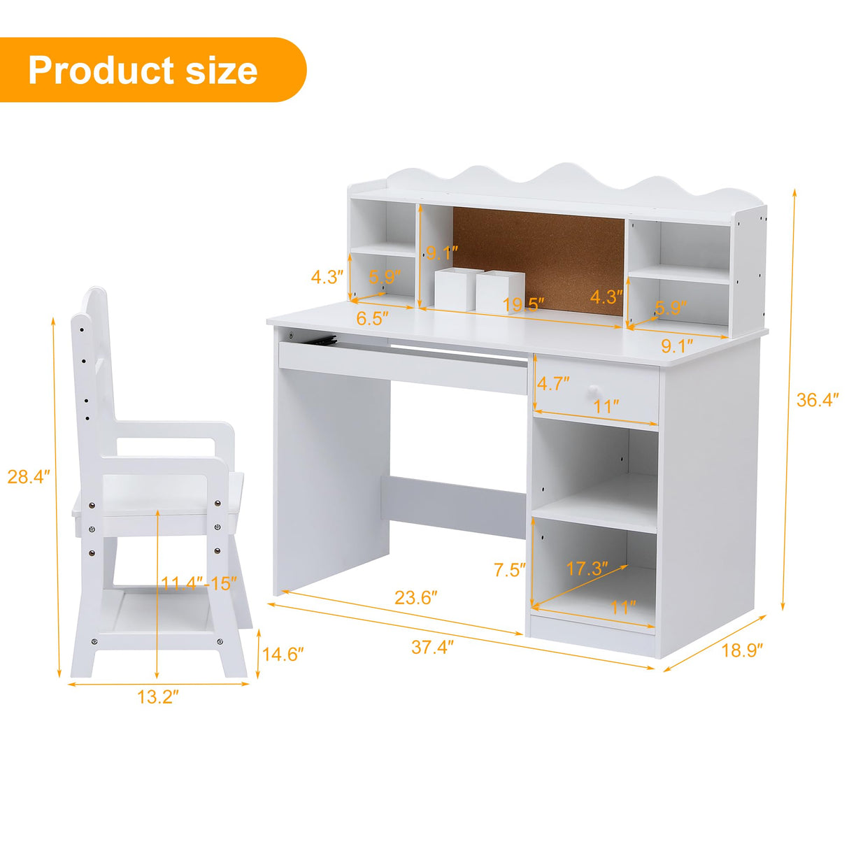 Kids Desk and Chair Set, Wooden Study Table with Storage Shelf, Bulletin Board, Keyboard Stand and Pen Holder, Children School Learning Desk Set, Writing Table for Boys and Girls, White GarveeHome