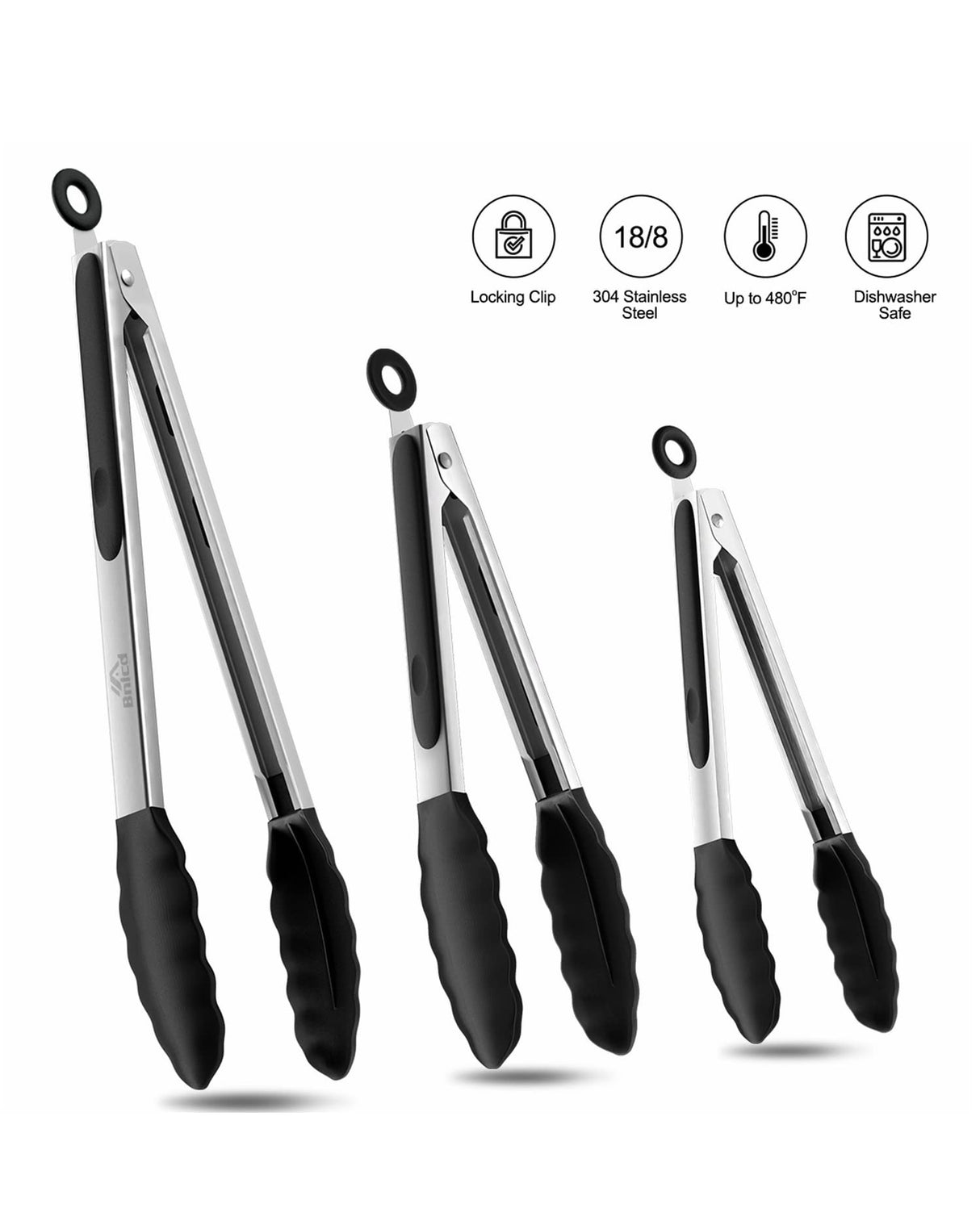 Bnlcd Kitchen Tongs, Premium Stainless Steel Locking Cooking Tongs with Silicone Tips, Non-Slip Food Tongs for Cooking, Heavy Duty, Non-Stick, 480℉, Set of 3-7" 9" and 12" Black Bnlcd