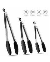 Bnlcd Kitchen Tongs, Premium Stainless Steel Locking Cooking Tongs with Silicone Tips, Non-Slip Food Tongs for Cooking, Heavy Duty, Non-Stick, 480℉, Set of 3-7" 9" and 12" Black Bnlcd