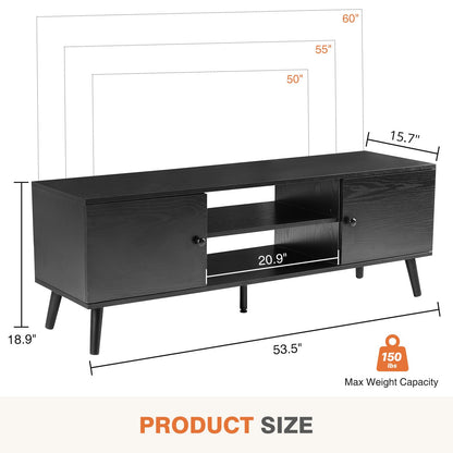 Sweetcrispy TV Stand for 55 60 inch TV, Modern Mid Century Entertainment Center with Storage, Media Console Table 2 Cabinet, Soft Hinge, Handle Door, Wooden Living Room, Office Furniture, Black