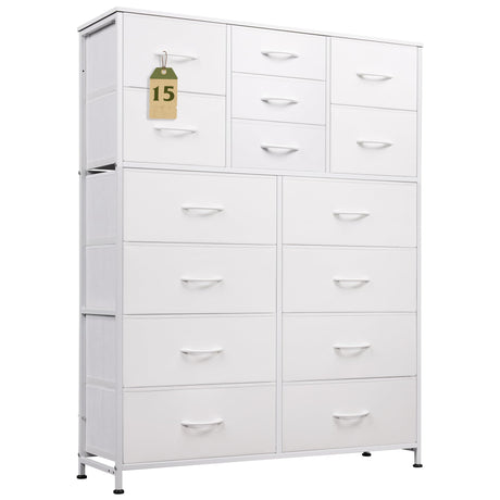 WLIVE Tall White Dresser for Bedroom Furniture, Fabric Dressers Storage Tower with 15 Deep Drawers, Dresser for Closet, Hallway, Entryway, Office, Storage Tower with Cabinet, Metal Frame, Wooden Top WLIVE
