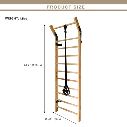 Swedish Ladder Wood Stall Bar Suspension Trainer – Physical Therapy & Gymnastics Ladder w/ 11 Strategic Rods and Training Strap. Solid Pine.