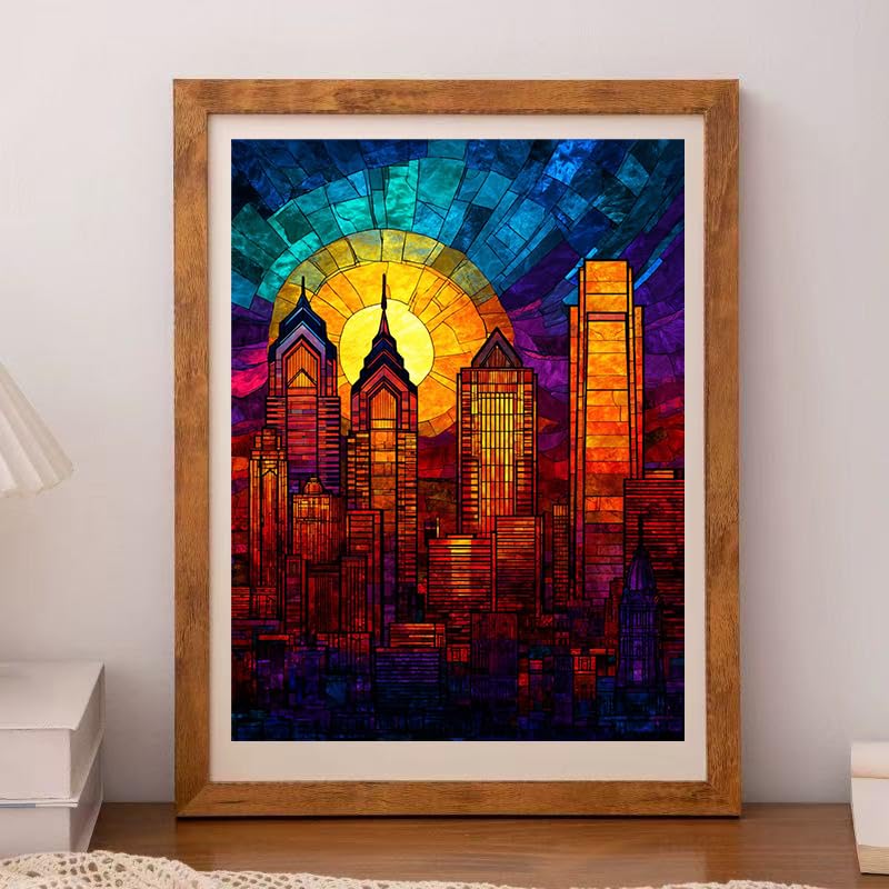 CDYCNXZ City Diamond Art Painting Crafts Stained Glass Pennsylvania Philadelphia Skyline Full Drill Round Diamond Art Paint by Number Kits for Wall Decoration 12x16 inch CDYCNXZ