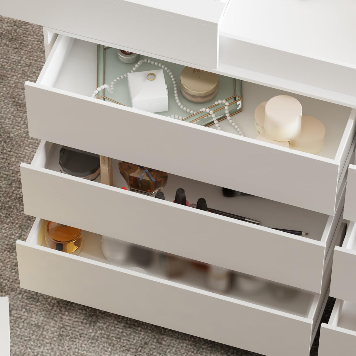 WOODTIME Armoire Bedroom Island with Sliding Glass Top, Wardrobe Closet with 12 Drawers, Walk-in Closet Island Dresser for Bedroom Shops, White WOODTIME