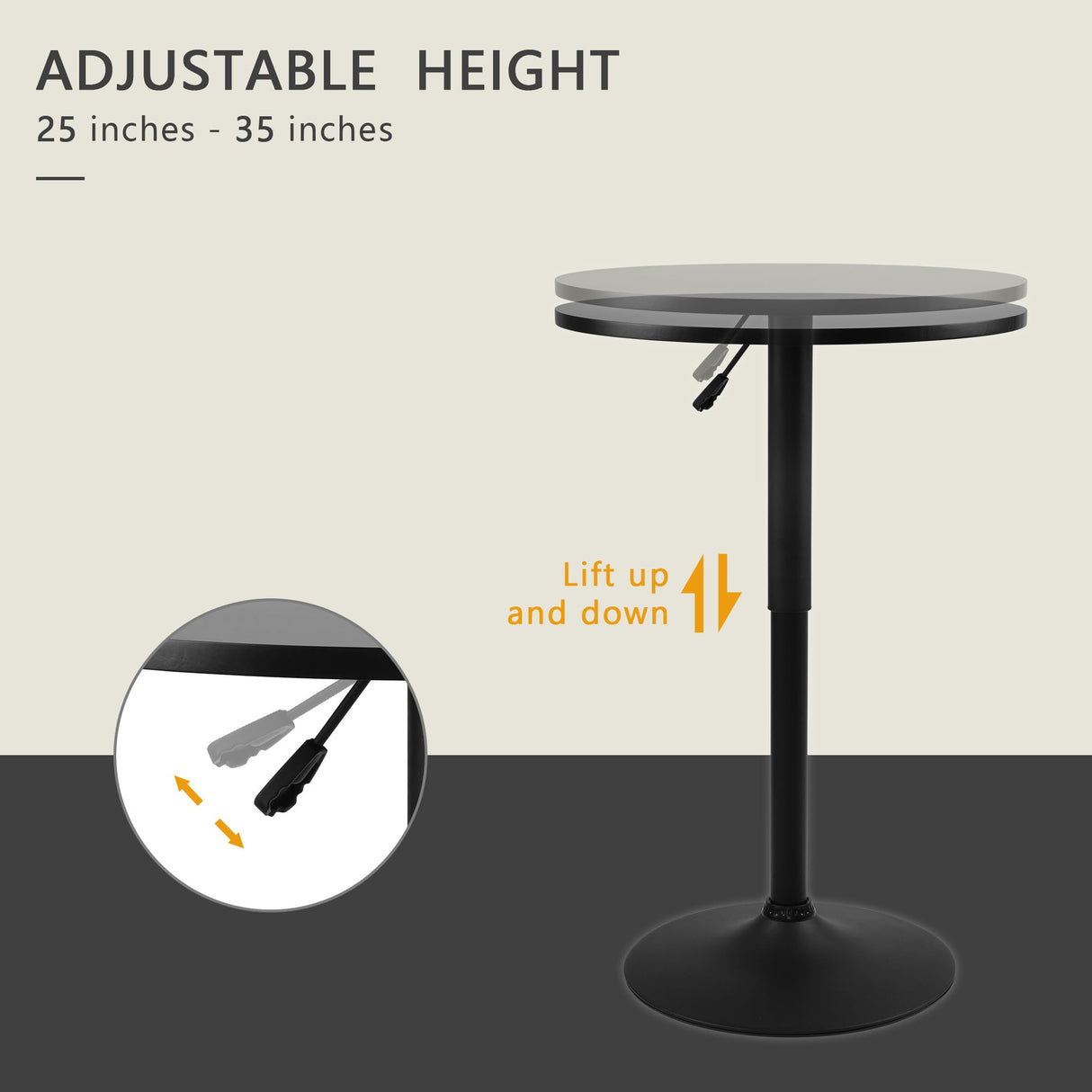 NOBPEINT Round Pub Table, Height Adjustable Bar Table 25-35 inches, 360 Swivel Black Table Top, with Black Chassis NOBPEINT