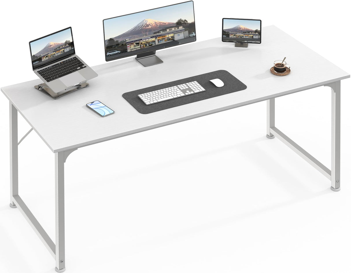 Huuger Computer Desk, 55 Inch Office Desk, Gaming Desk with Storage, Writing Desk Work Desk for Home Office, Study, Modern Simple Desk, Large Legroom, Metal Frame, White Huuger