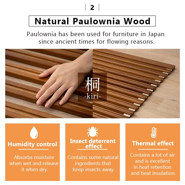EMOOR Wood Roll-Type Slatted Bed OSMOS Twin for Japanese Futon Mattress Natural Paulownia Brown, Floor Sleep Tatami Mat