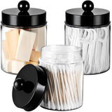 Komashr 3PC Farmhouse Decor Qtip Holder Apothecary Jars Bathroom Vanity Storage Organizer -Countertop Canister Container &Cute Stickers for Cotton Swab, Ball,Pad,Floss ,Paper Clips (Black，Plastic) Komashr