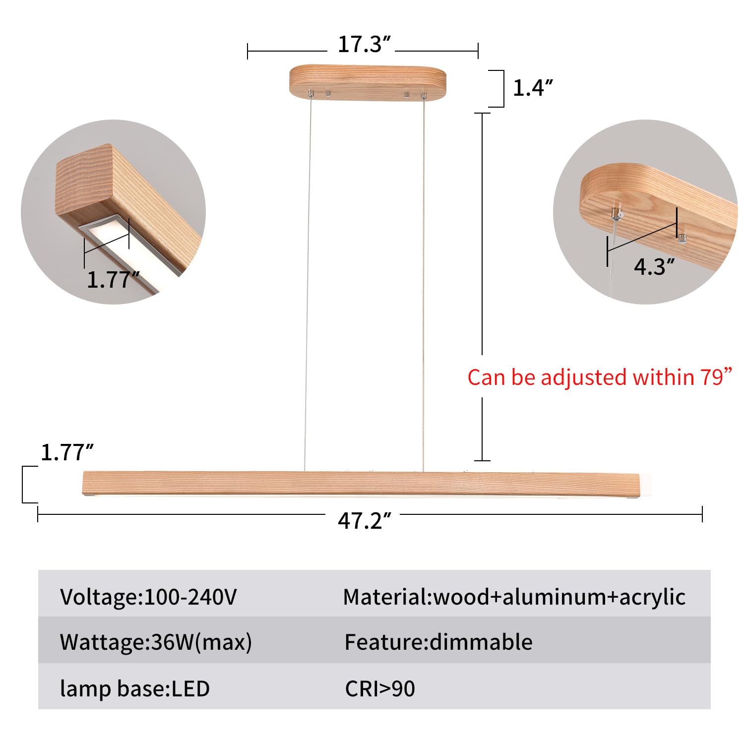 YISDESIGN 47" 36W 1-Light Wooden Led Linear Pendant Light Dimmable Led Chandelier Ceiling Hanging Light Fixtures Modern Chandeliers for Dining Room Kitchen Island Pool Table Lights Natural - WoodArtSupply