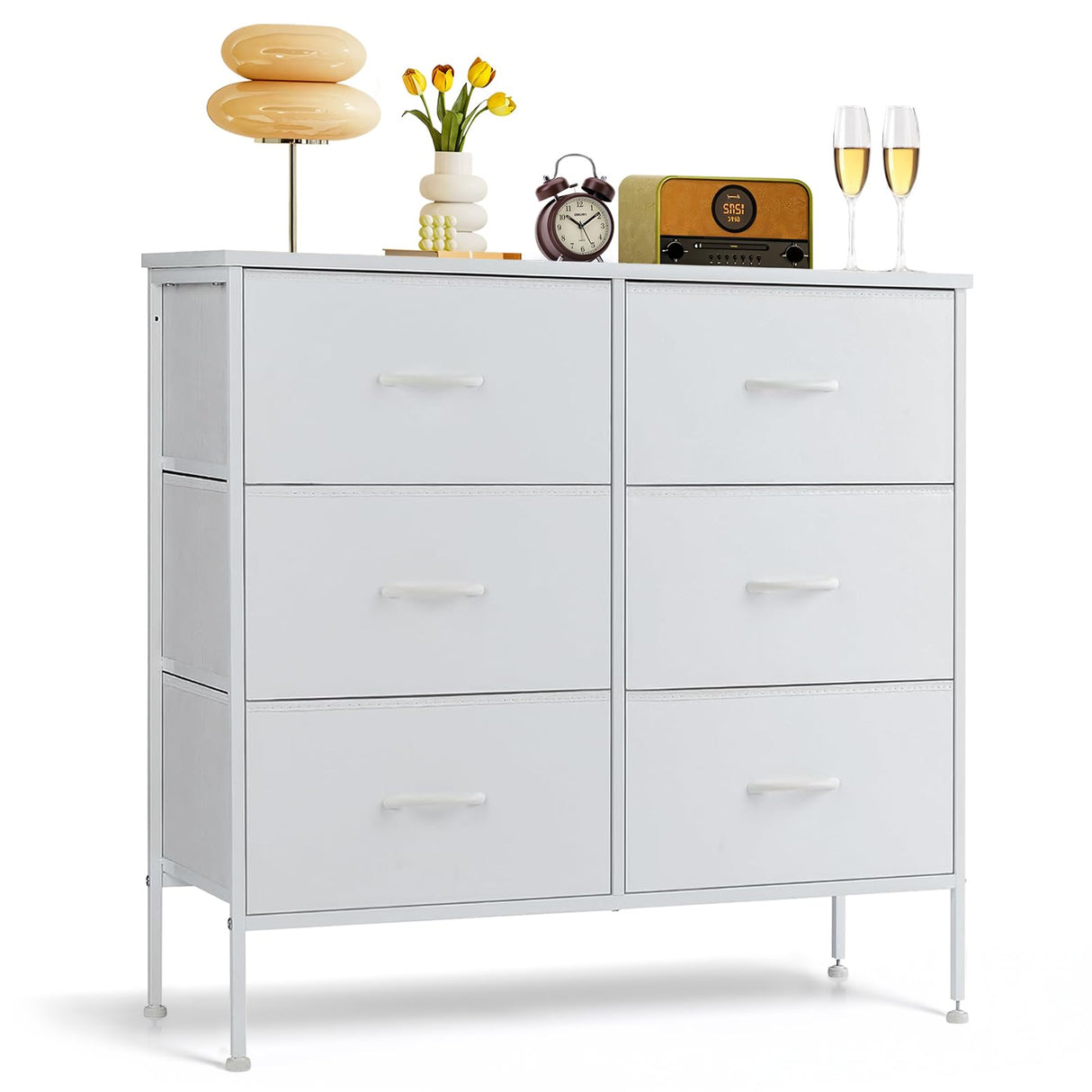 6-Drawer Dresser for Bedroom, Anti-Tip Wide Storage Organizer Chest of Drawers with Wooden Top and Metal Frame Fabric Bins for Closet, Living Room, Hallway, Entryway, White SageNest