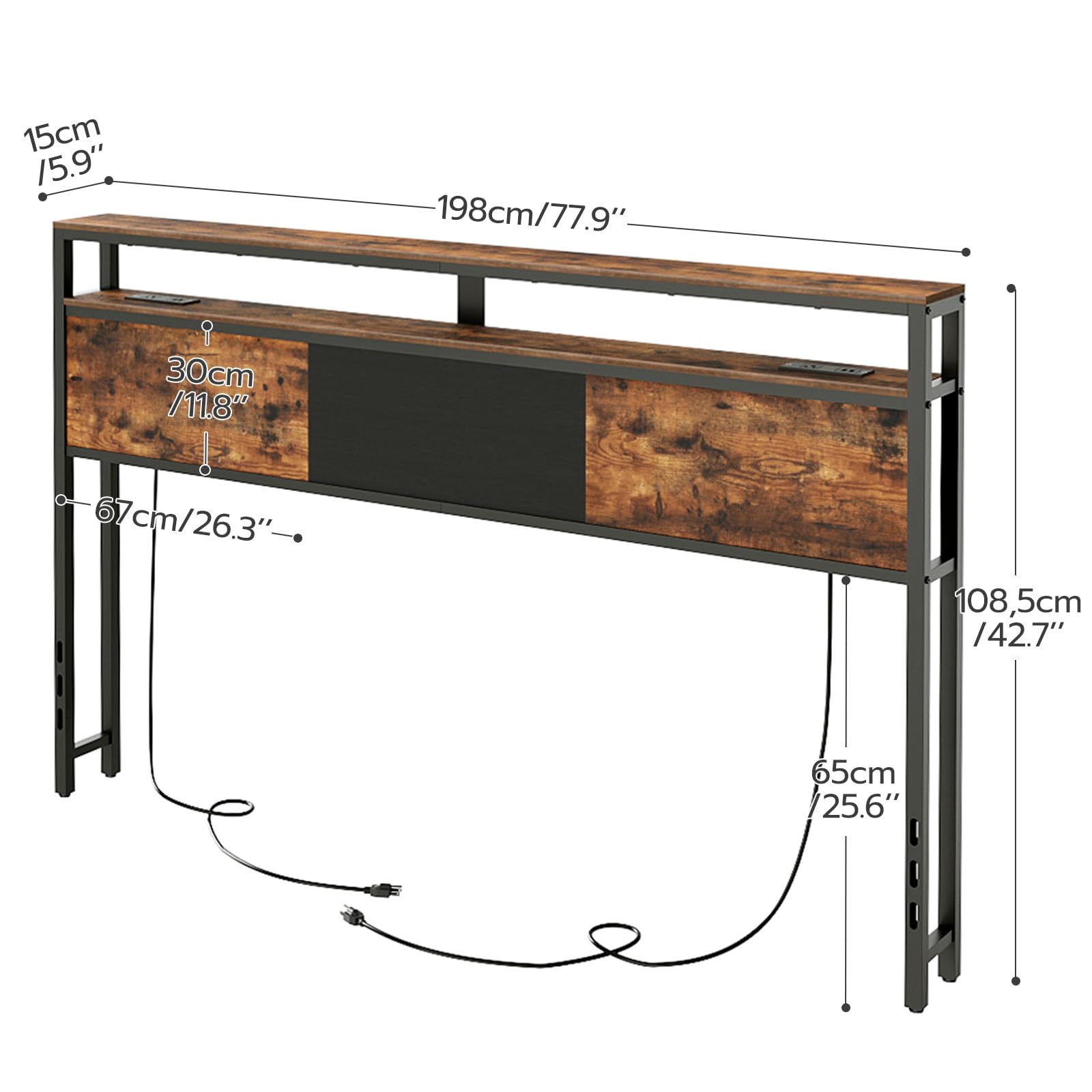 HOOBRO King Size Headboard, LED Headboard with 2 Storage Shelves, Storage Rack with 2 Outlets and 4 USB Ports, Adjustable Height, Sturdy and Stable, Easy Assembly, Rustic Brown and Black - WoodArtSupply