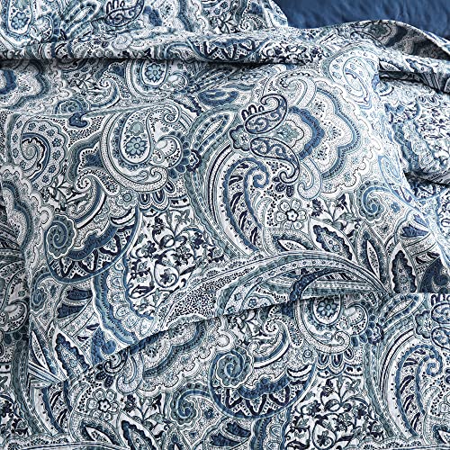 Autumn Dream Cotton Bedspread Quilt Sets, 3 Pieces Reversible Comforter Coverlet Sets,Blue Floral Paisley Bedspread,King Size Autumn Dream