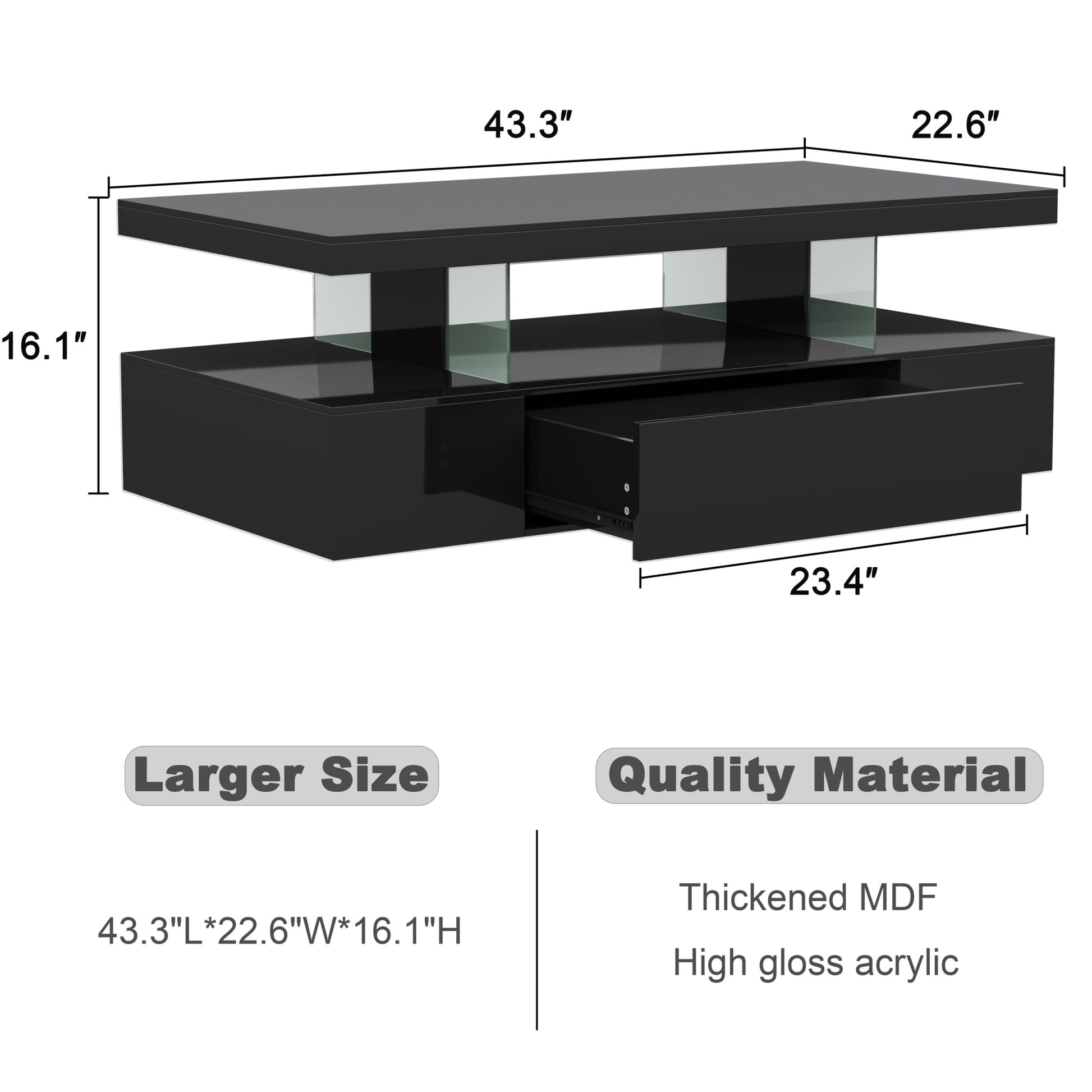 ChooChoo Modern LED Coffee Table, High Glossy Coffee Table with Drawer, Black Coffee Table with Storage for Living Room, Bedroom - WoodArtSupply