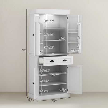 HOMCOM 71" Kitchen Pantry Cabinet with Motion Sensor Light, Tall Storage Cabinet with 6 Door Shelves, a Drawer & 4 Adjustable Shelves, for Living Room, Dining Room, White HOMCOM