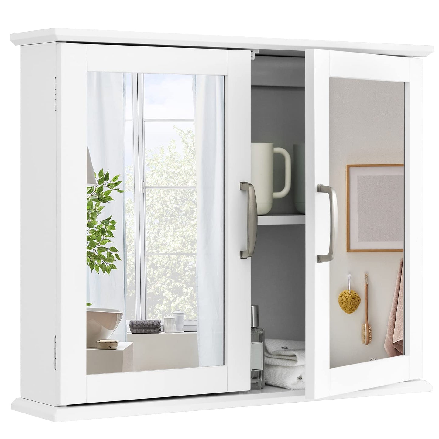 Tangkula Medicine Cabinet with Mirror, Bathroom Wall Mounted Mirror Cabinet with Double Mirror Doors, Bathroom Mirror with Storage Cabinet, 23.5 x 5.5 x 19.5 Inches (White) - WoodArtSupply