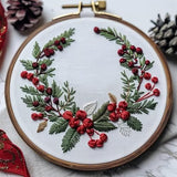 Christmas Embroidery Kit DIY Hand Embroidery Starter Cross Stitch Kits, Christmas Ornaments Embroidery with Stamped Pattern,Cotton,Threads,Needles,Instructions for Adults Beginners (Wreath)