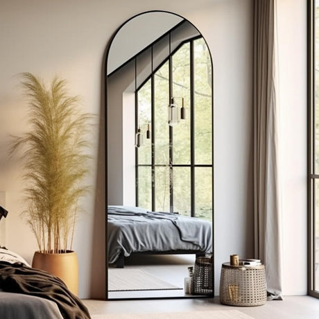 Otlsh Floor Mirror, 58"×18" Arched Full Length Mirror Arched with Stand, Standing Mirror, Full Body Mirror, Large Mirror, Arched Wall Mirror, Freestanding, Aluminum Frame - Black Otlsh