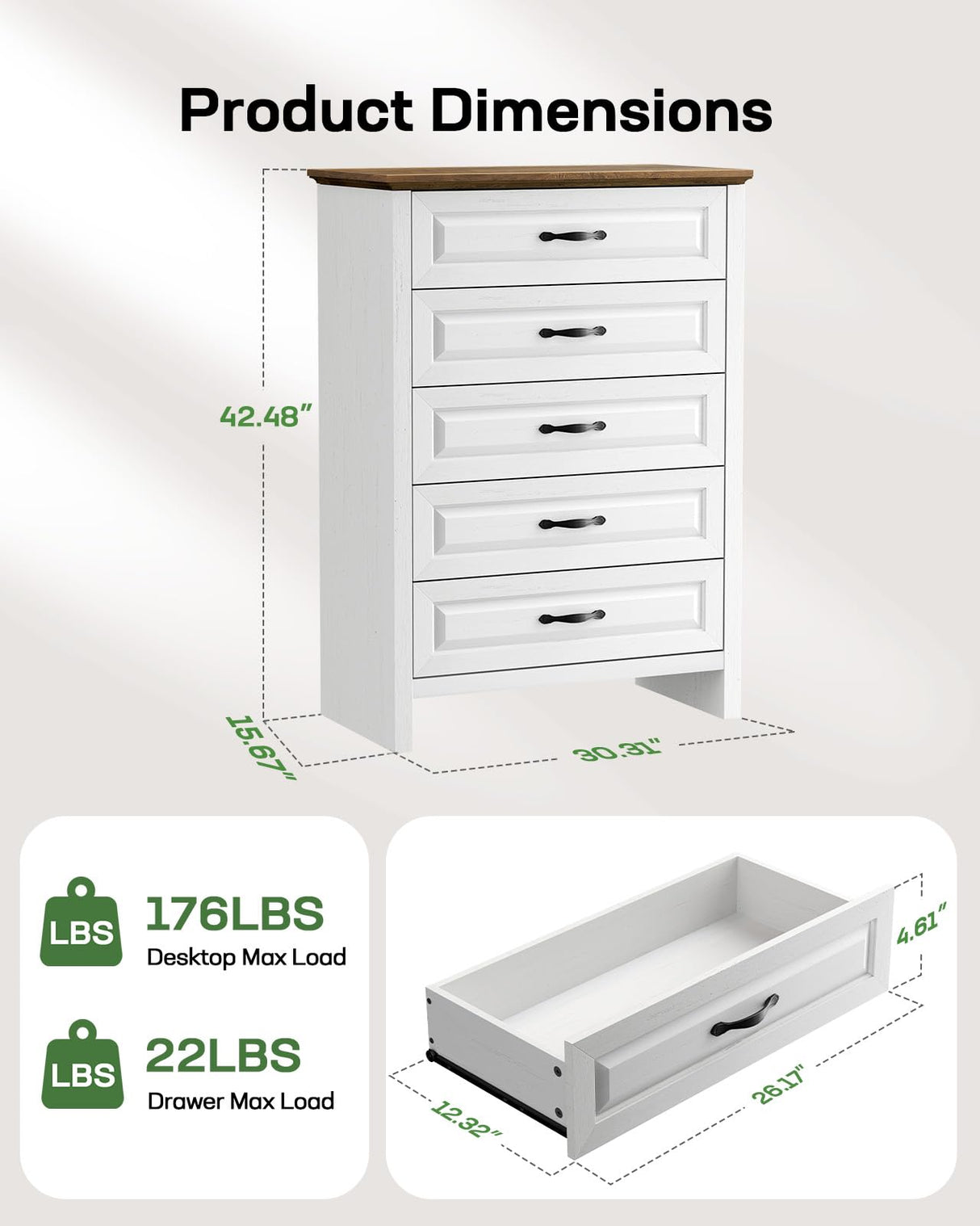 Marsail 5 Drawer Dresser for Bedroom, Farmhouse Wood Wide Chest of Drawers, Storage Dressers Organizer with Anti-Slip Kit for Living Room, Bedroom & Hallway Marsail