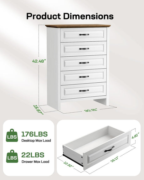 Marsail 5 Drawer Dresser for Bedroom, Farmhouse Wood Wide Chest of Drawers, Storage Dressers Organizer with Anti-Slip Kit for Living Room, Bedroom & Hallway Marsail